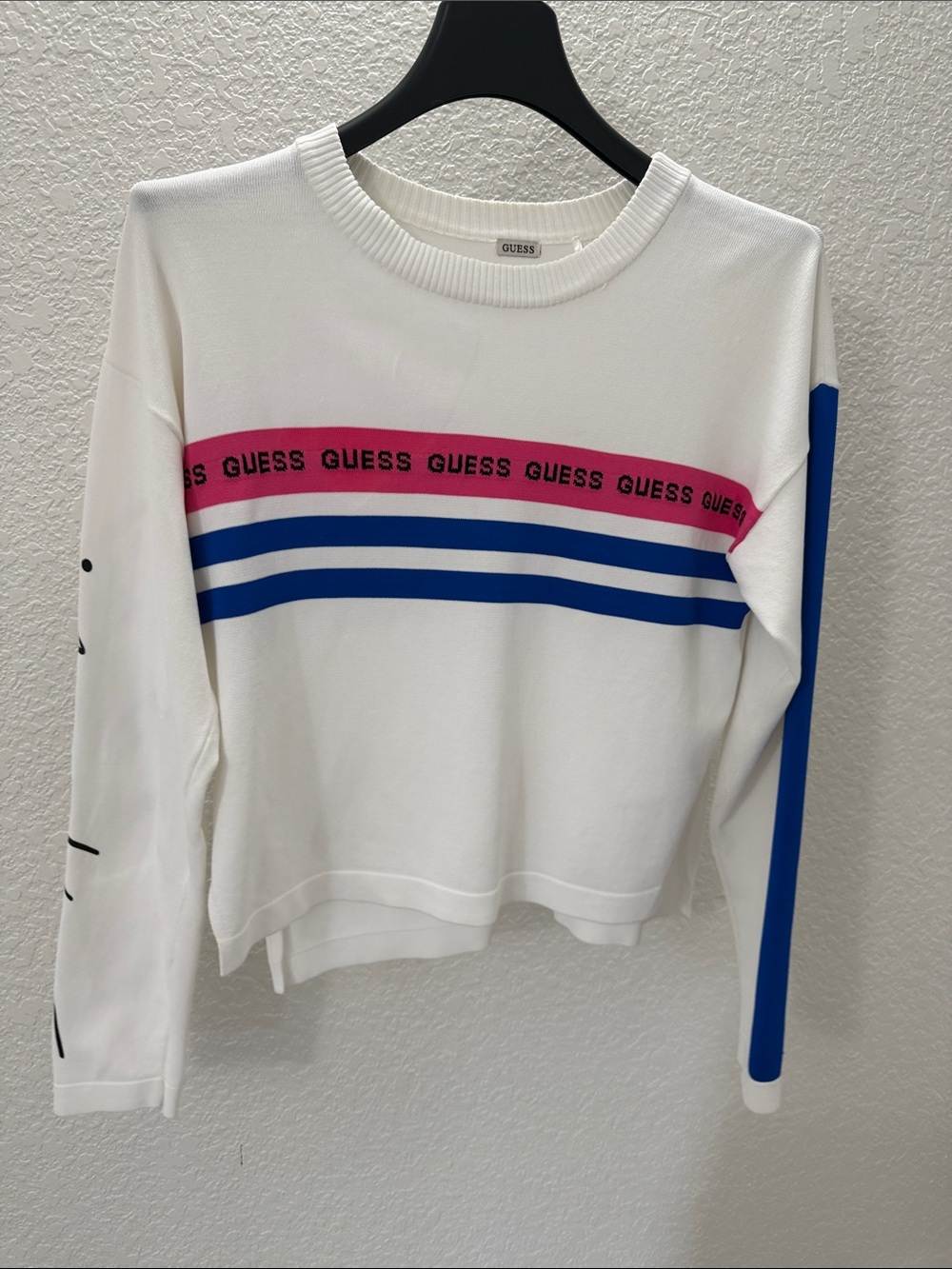 Guess Retro Logo Striped Long Sleeve Top White Blue Pink "Be Awesome"